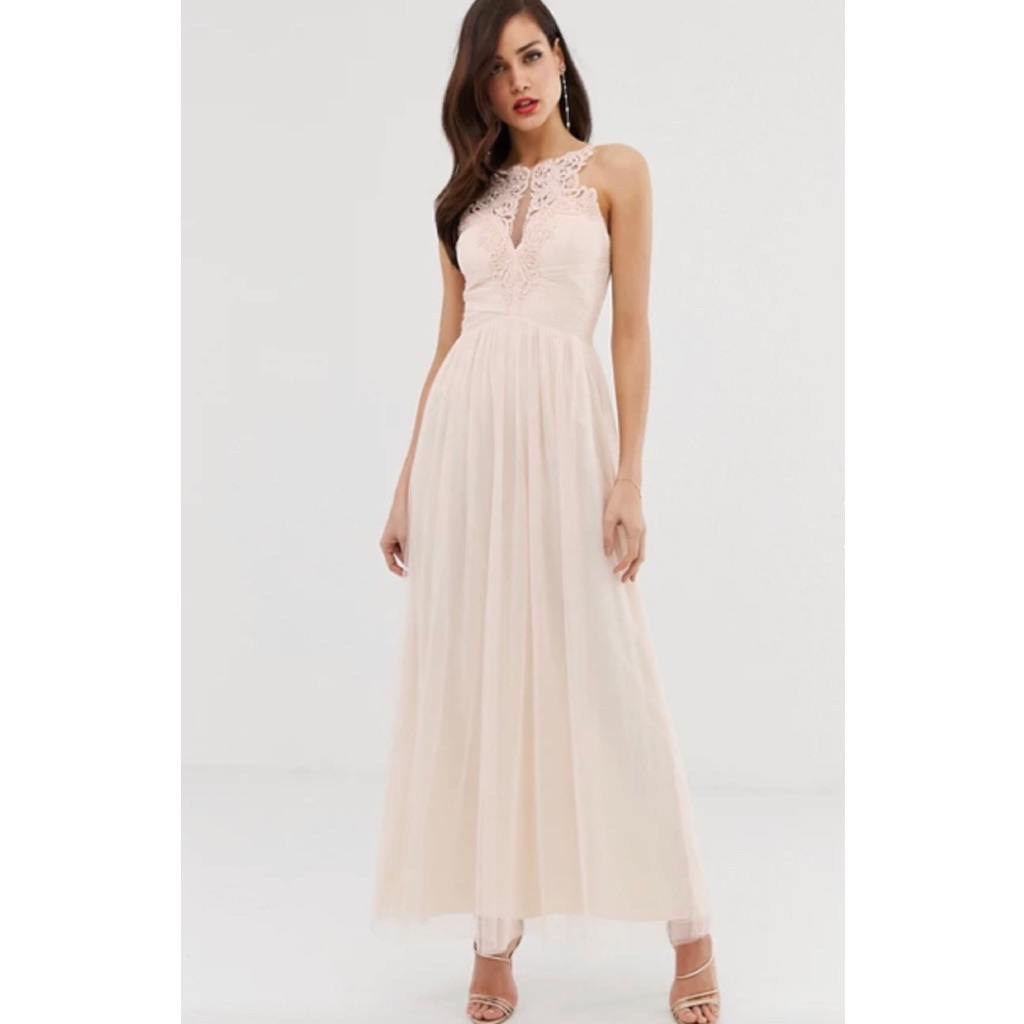 New Little Mistress Boutique Embellished Lace Pearl Blush Pink Tulle Maxi Dress